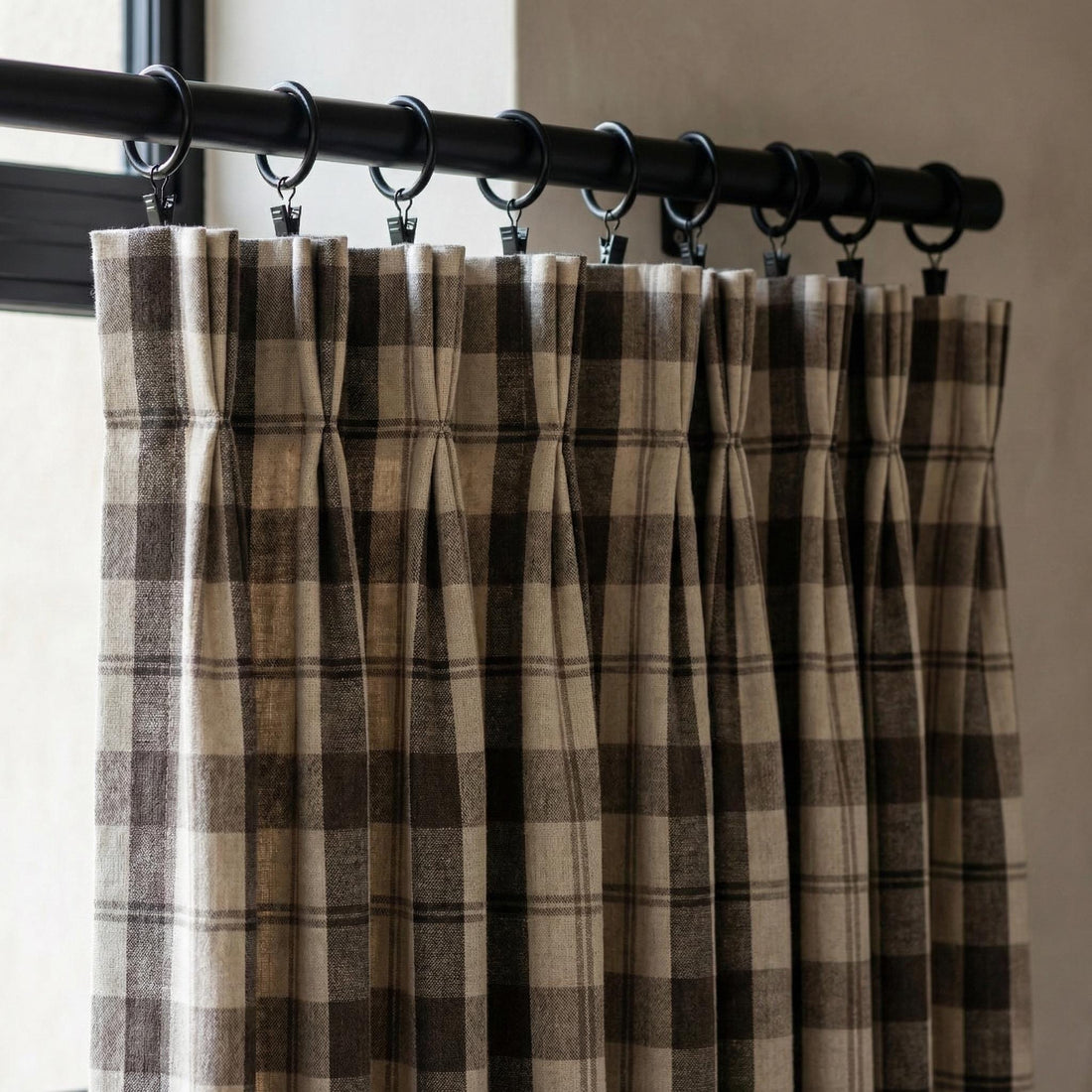 Charcoal & Natural Linen Plaid Pinch Pleat Curtains, Custom Drapes, Blackout or Cotton Lined, Single or Pair — image 1