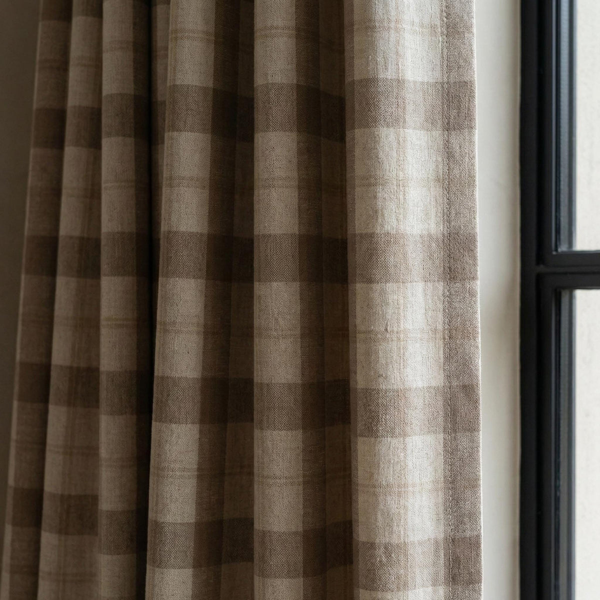 Taupe & Ivory Linen Plaid Pinch Pleat Curtains, Farmhouse Buffalo Check Drapes, Custom Sizes, Cotton or Blackout Lined — image 2