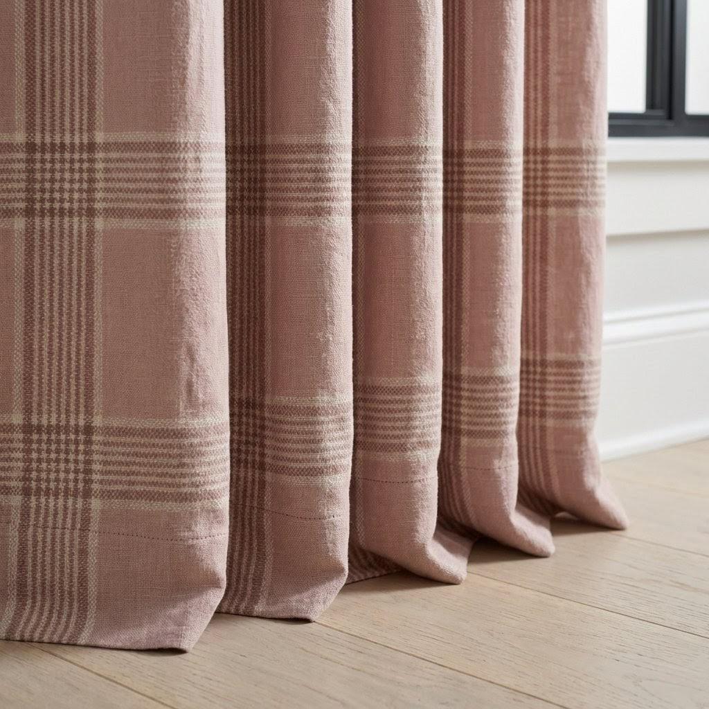 Dusty Rose Plaid Organic Linen Curtains, Custom Farmhouse Windowpane Check Drapes, Cotton Lined or Blackout, 50/100 Wide — image 1
