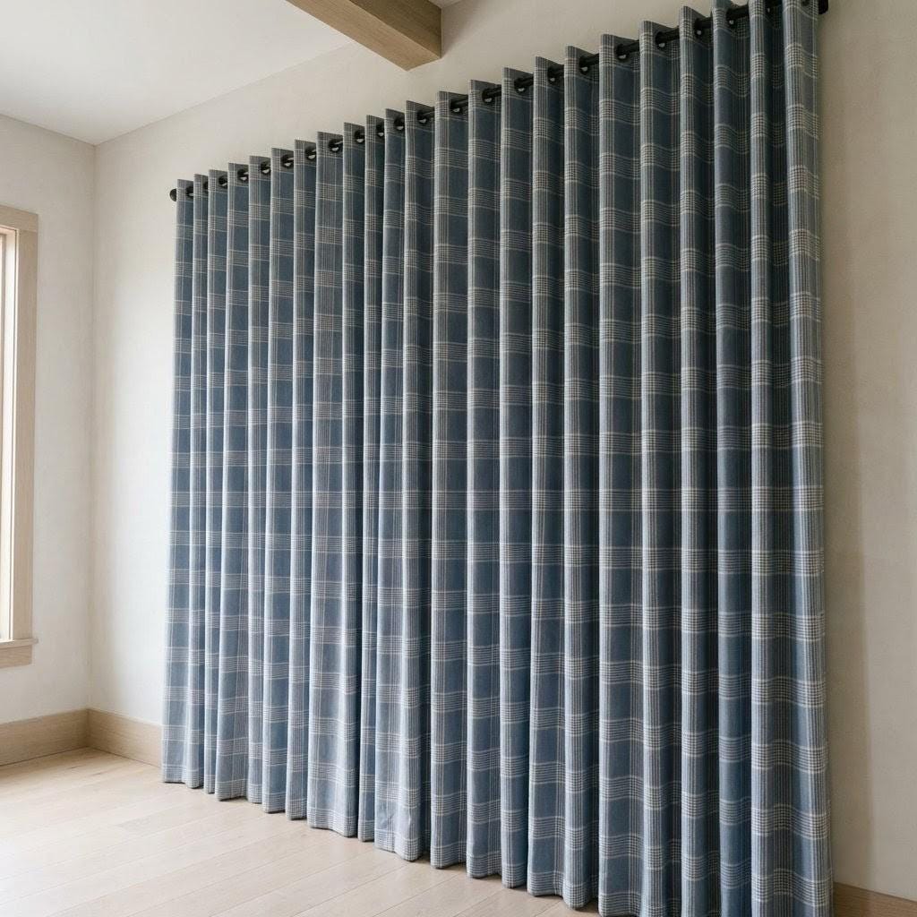 Dusty Blue Plaid Organic Linen Curtains, Farmhouse Windowpane Check Drapes, Cotton Lined or Blackout, 50/100 Wide Custom — image 7