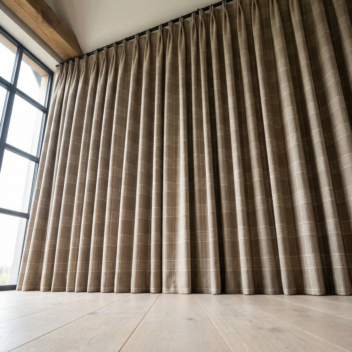 Taupe Greige Plaid Organic Linen Curtains, Neutral Farmhouse Windowpane Check Drapes, Cotton Lined or Blackout, 50/100 Wide — image 4
