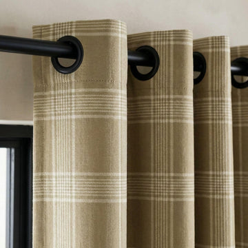 Organic Linen Plaid Curtains, Sand Beige & Cream Check, Custom Size, Cotton Lined or Blackout, 50”/100” Wide — image 1