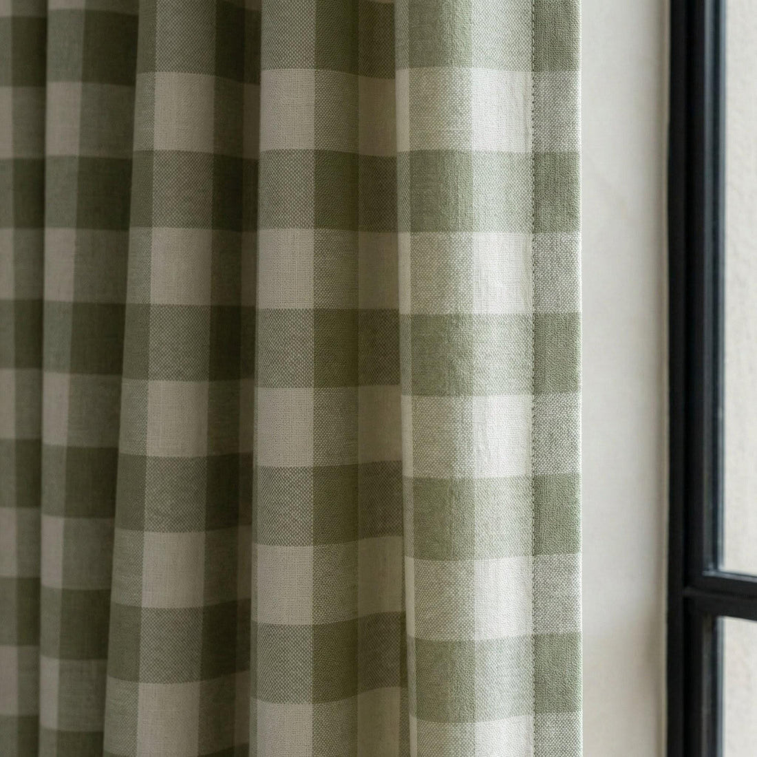 Organic Linen Gingham Curtains, Sage Green & Cream Buffalo Check, Custom Size, Cotton Lined or Blackout, 50”/100” Wide — image 1