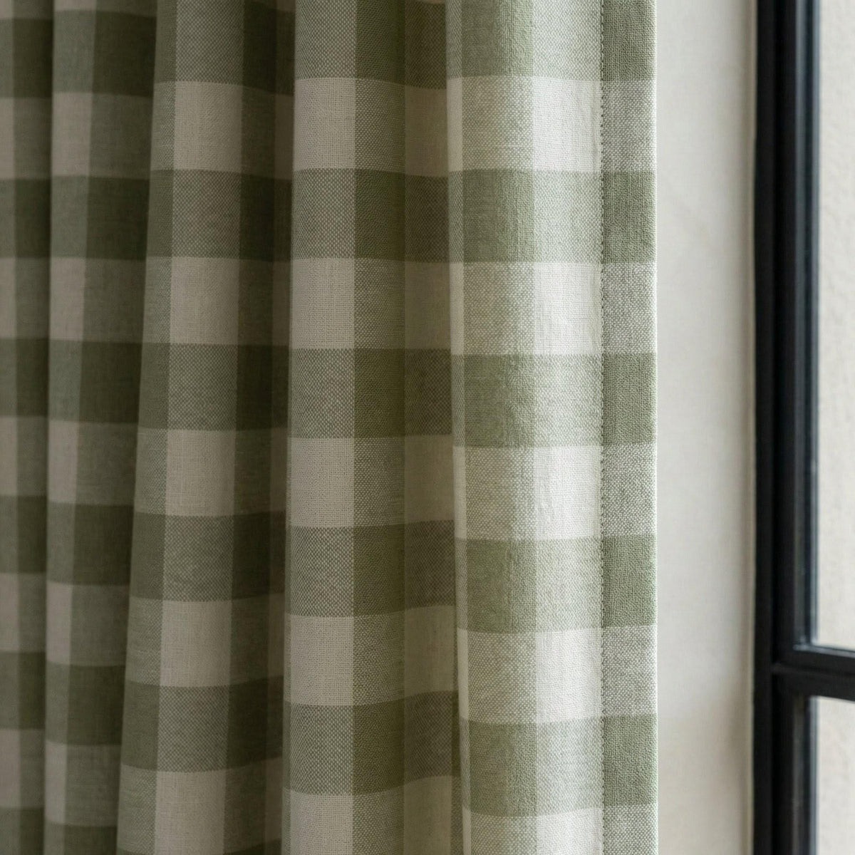 Organic Linen Gingham Curtains, Sage Green & Cream Buffalo Check, Custom Size, Cotton Lined or Blackout, 50”/100” Wide — image 1