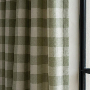 Organic Linen Gingham Curtains, Sage Green & Cream Buffalo Check, Custom Size, Cotton Lined or Blackout, 50”/100” Wide — image 1