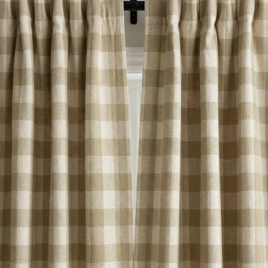Organic Linen Buffalo Check Curtains, Beige Taupe & Cream Gingham, Custom Size, Cotton Lined or Blackout, 50”/100” Wide — image 9