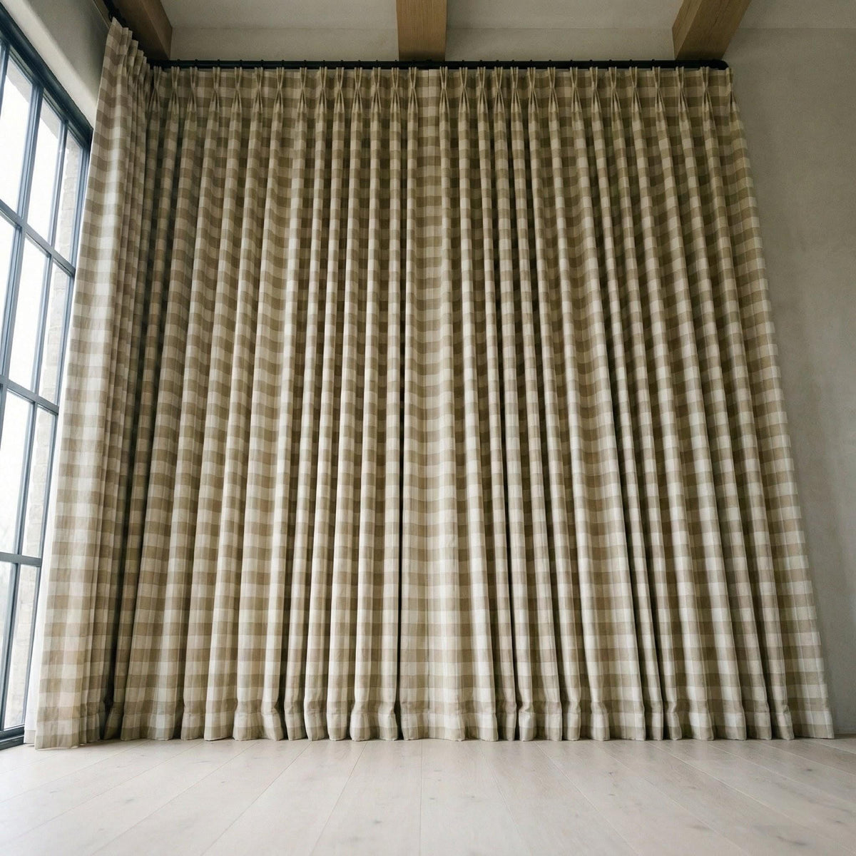 Organic Linen Buffalo Check Curtains, Beige Taupe & Cream Gingham, Custom Size, Cotton Lined or Blackout, 50”/100” Wide — image 3