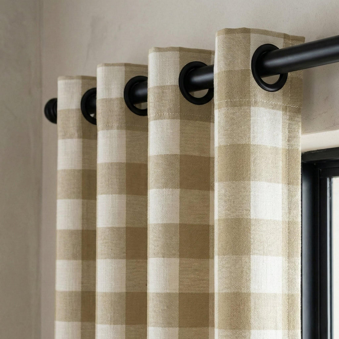 Organic Linen Buffalo Check Curtains, Beige Taupe & Cream Gingham, Custom Size, Cotton Lined or Blackout, 50”/100” Wide — image 1