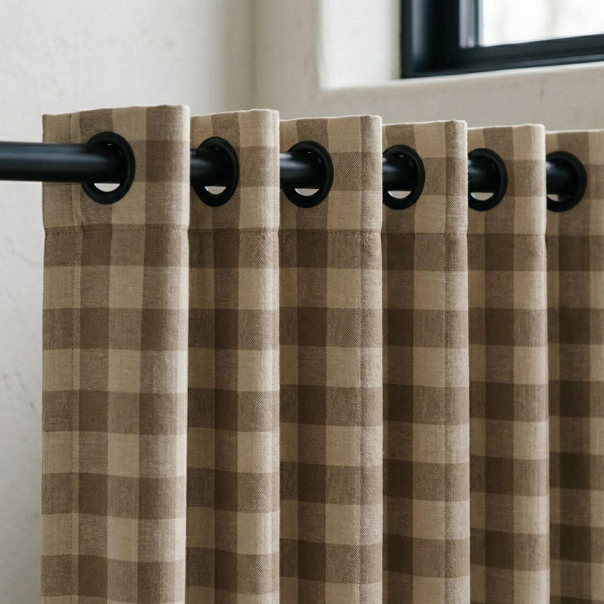 Organic Linen Gingham Curtains, Beige & Ivory Buffalo Check Farmhouse Drapes, Custom Sizes, Cotton Lined or Blackout, Rod Pocket/Grommet — image 1