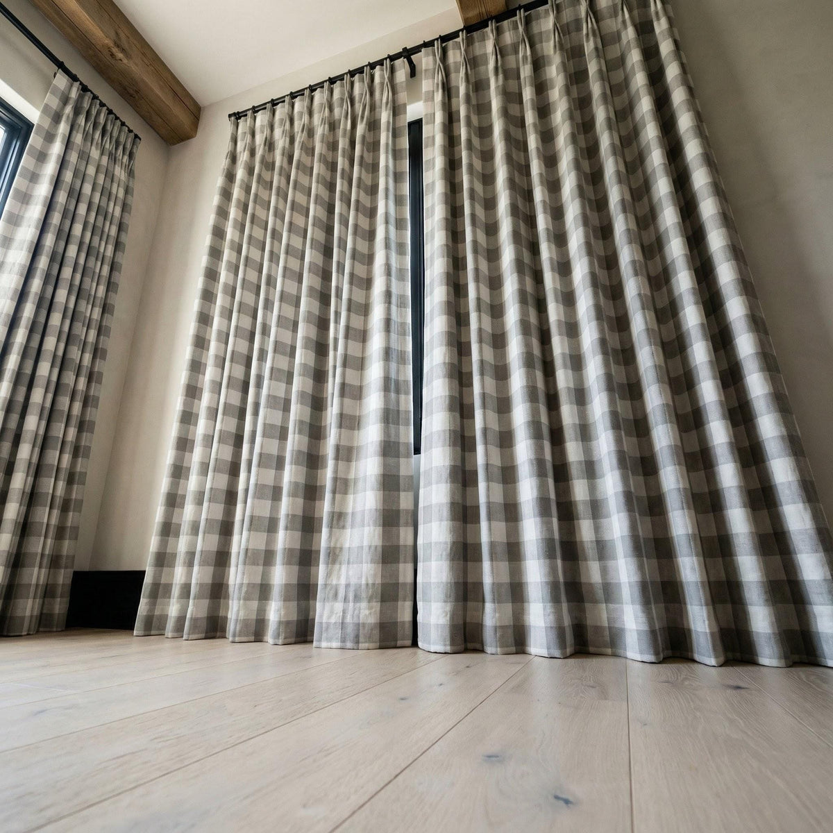 Organic Linen Gingham Curtains, Grey & White Buffalo Check Farmhouse Drapes, Custom, Cotton Lined or Blackout, 4 Headers — image 3