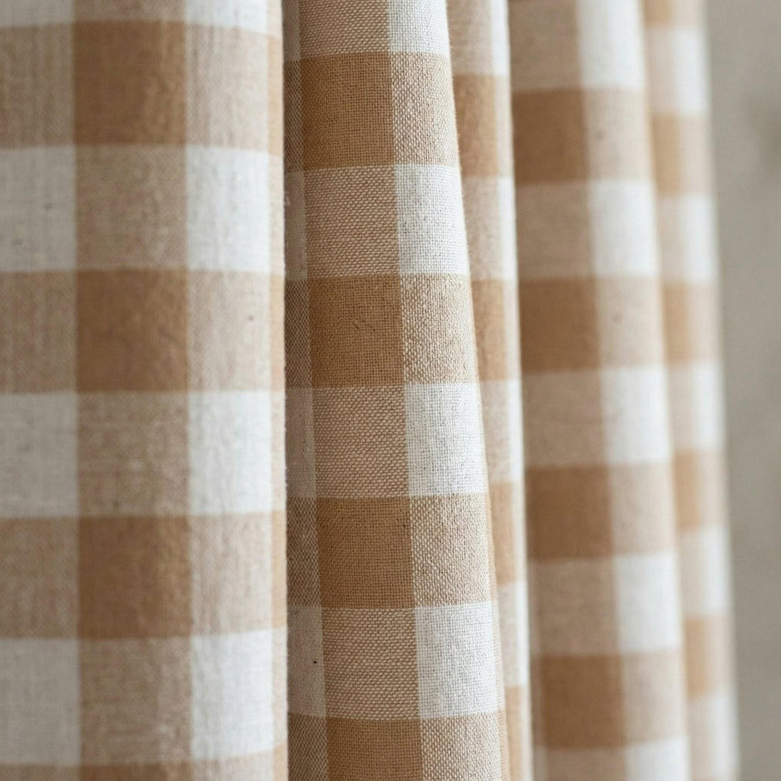 Organic Linen Gingham Curtains, Camel Tan & Ivory Buffalo Check Farmhouse Drapes, Custom, Cotton Lined or Blackout, 4 Headers — image 1