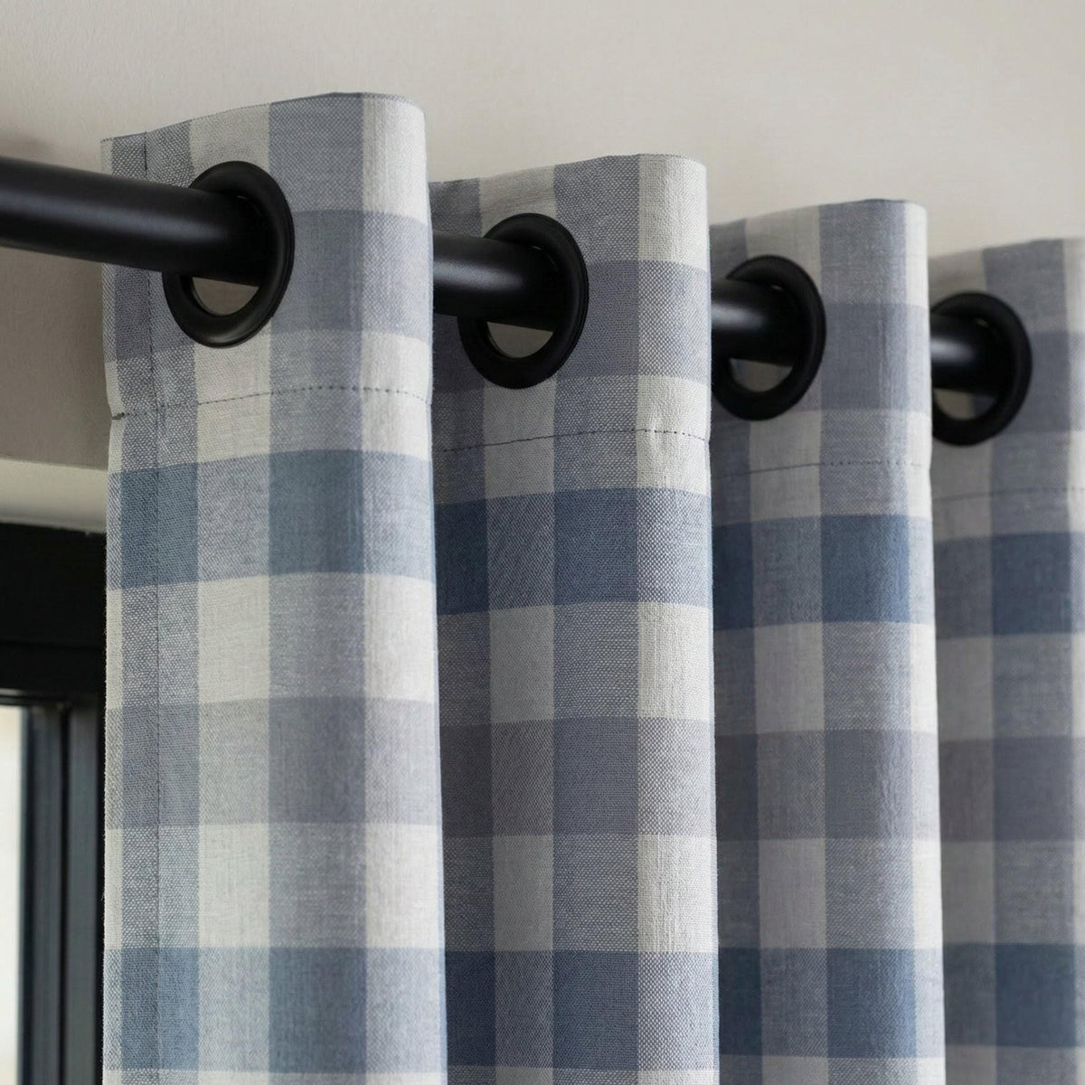 Organic Linen Gingham Curtains, Blue & Ivory Buffalo Check Farmhouse Drapes, Custom, Cotton Lined or Blackout, 4 Headers — image 8
