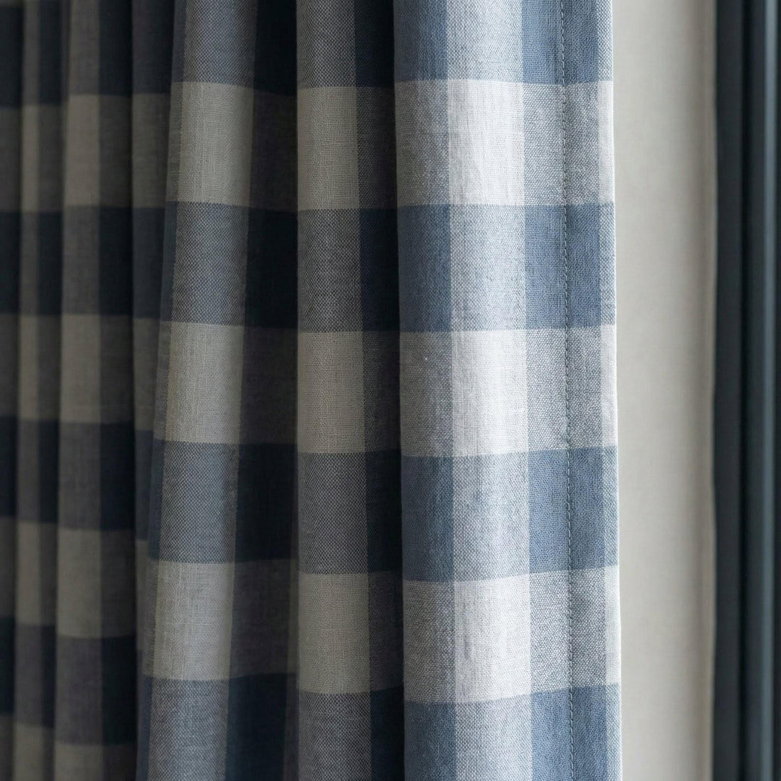 Organic Linen Gingham Curtains, Blue & Ivory Buffalo Check Farmhouse Drapes, Custom, Cotton Lined or Blackout, 4 Headers — image 1