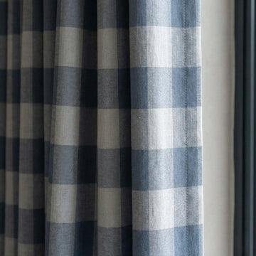 Organic Linen Gingham Curtains, Blue & Ivory Buffalo Check Farmhouse Drapes, Custom, Cotton Lined or Blackout, 4 Headers — image 1
