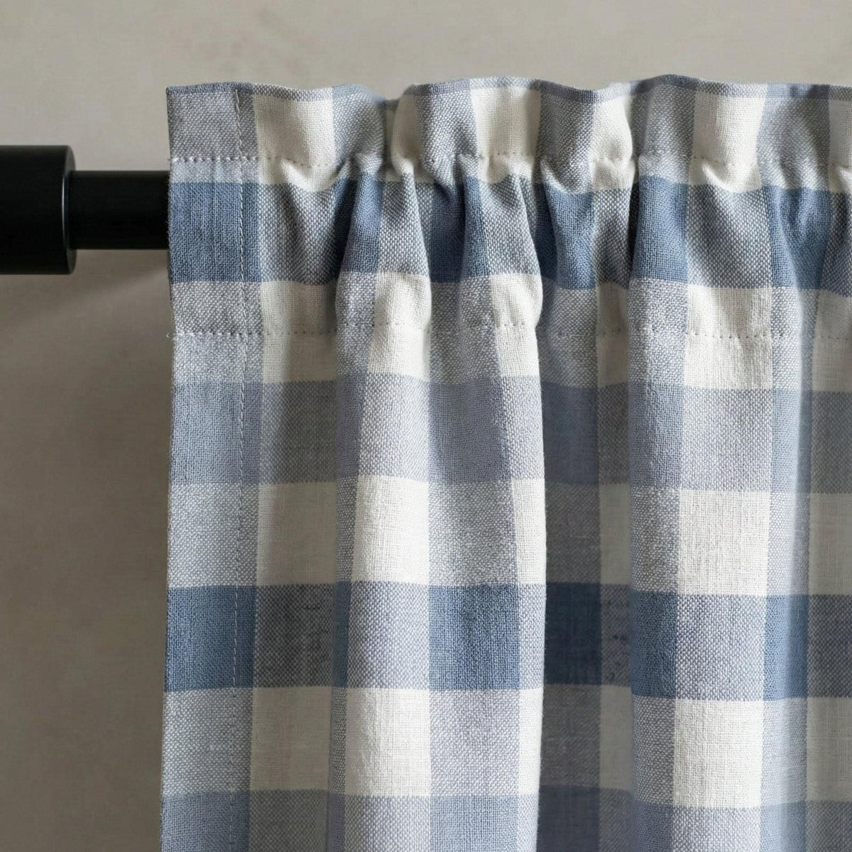 Organic Linen Gingham Curtains, Blue & Ivory Buffalo Check Farmhouse Drapes, Custom, Cotton Lined or Blackout, 4 Headers — image 6