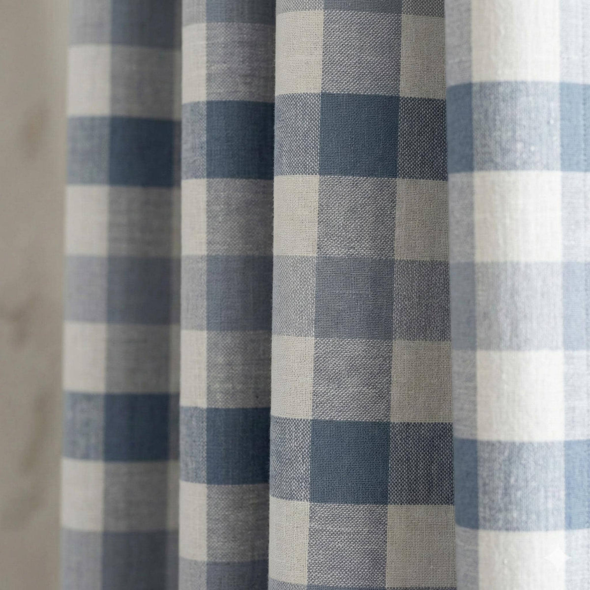 Organic Linen Gingham Curtains, Blue & Ivory Buffalo Check Farmhouse Drapes, Custom, Cotton Lined or Blackout, 4 Headers — image 3