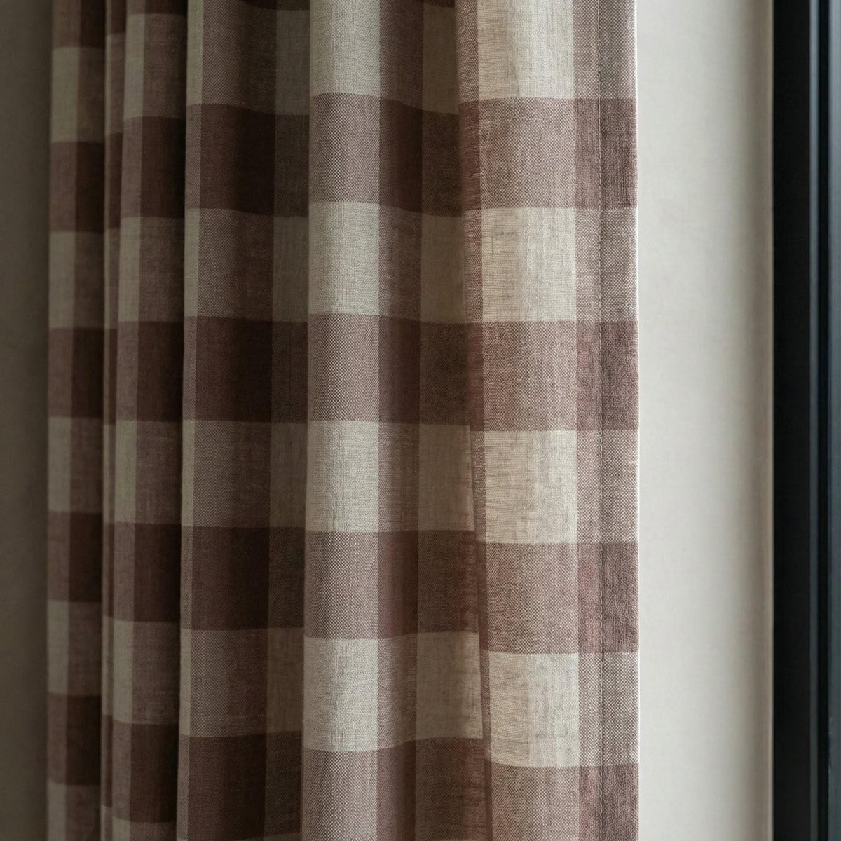 Organic Linen Gingham Curtains, Mauve Taupe & Ivory Buffalo Check Farmhouse Drapes, Custom, Cotton Lined/Blackout, 4 Headers — image 6