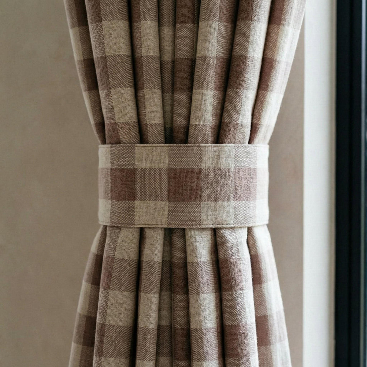 Organic Linen Gingham Curtains, Mauve Taupe & Ivory Buffalo Check Farmhouse Drapes, Custom, Cotton Lined/Blackout, 4 Headers — image 2