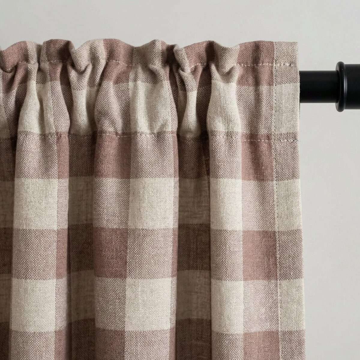 Organic Linen Gingham Curtains, Mauve Taupe & Ivory Buffalo Check Farmhouse Drapes, Custom, Cotton Lined/Blackout, 4 Headers — image 1