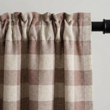 Organic Linen Gingham Curtains, Mauve Taupe & Ivory Buffalo Check Farmhouse Drapes, Custom, Cotton Lined/Blackout, 4 Headers — image 1