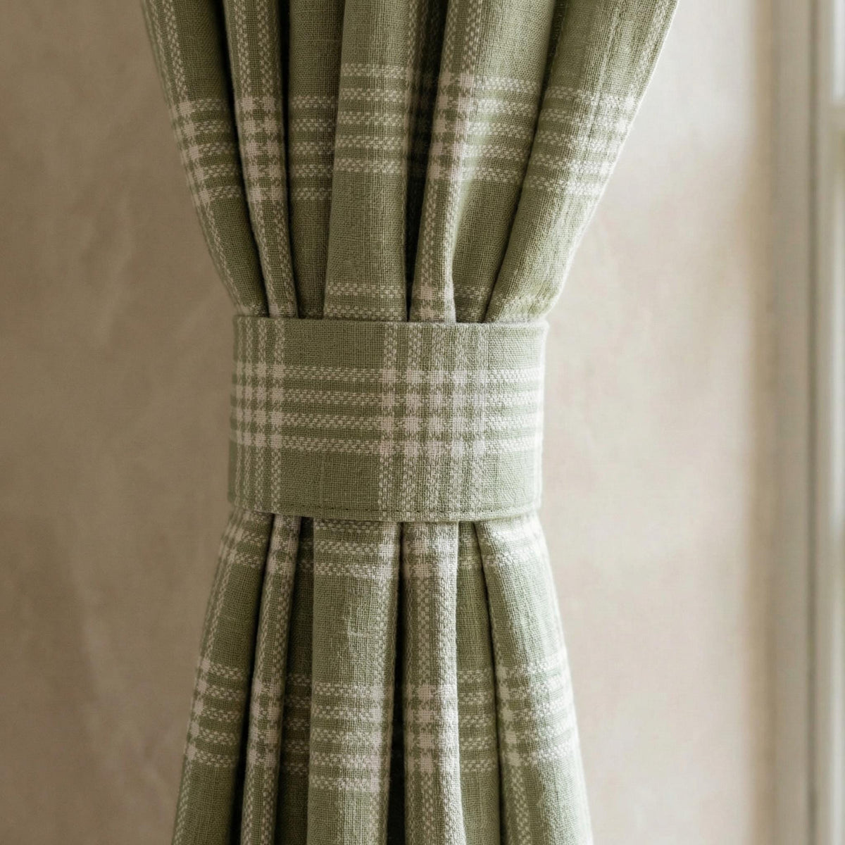 Organic Linen Sage Plaid Curtains, Green & Ivory Windowpane Tartan Farmhouse Drapes, Custom, Cotton Lined/Blackout, 4 Headers — image 3