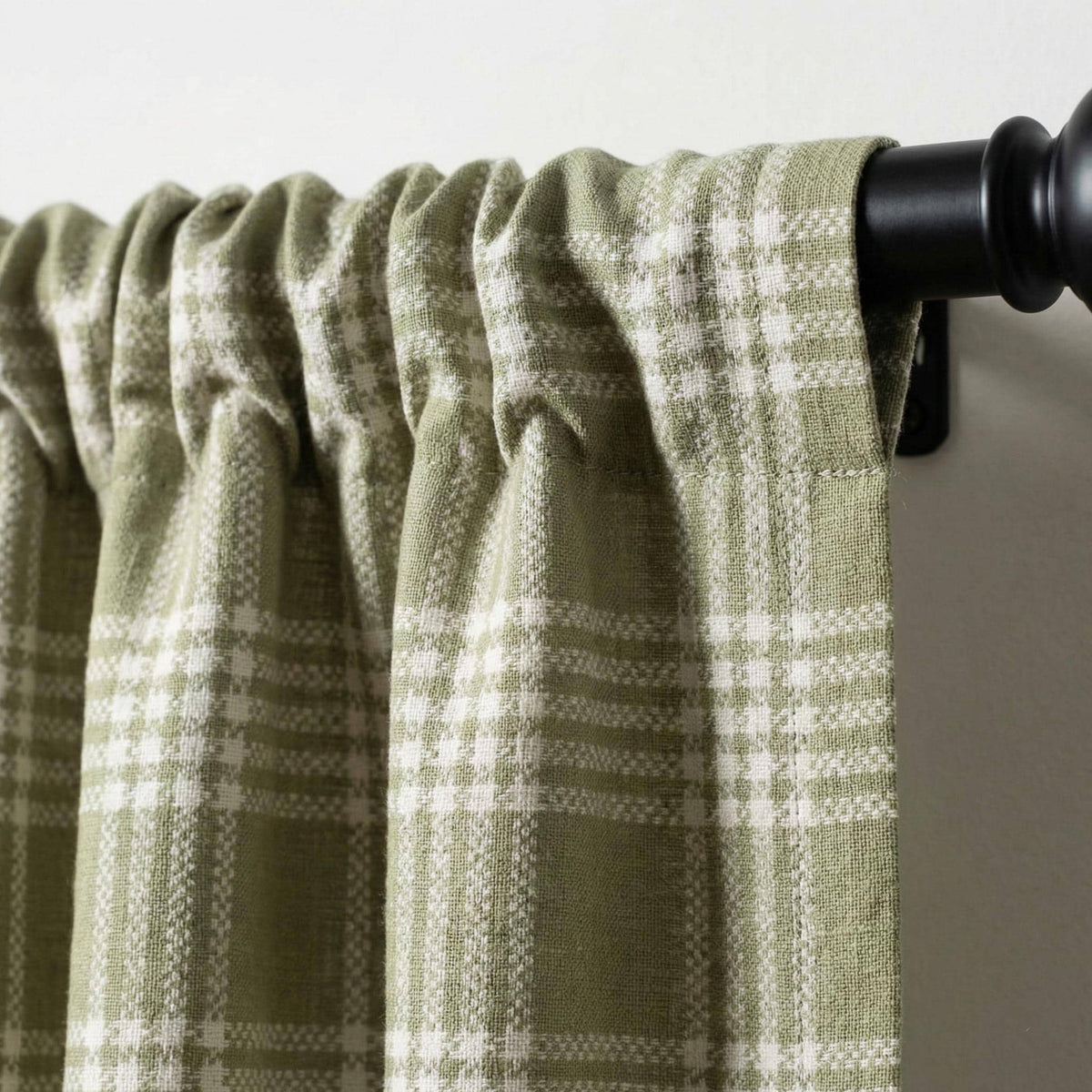 Organic Linen Sage Plaid Curtains, Green & Ivory Windowpane Tartan Farmhouse Drapes, Custom, Cotton Lined/Blackout, 4 Headers — image 2