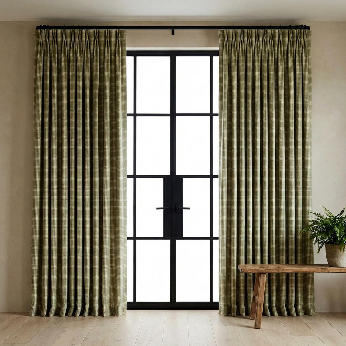 Organic Linen Sage Plaid Curtains, Green & Ivory Windowpane Tartan Farmhouse Drapes, Custom, Cotton Lined/Blackout, 4 Headers — image 7