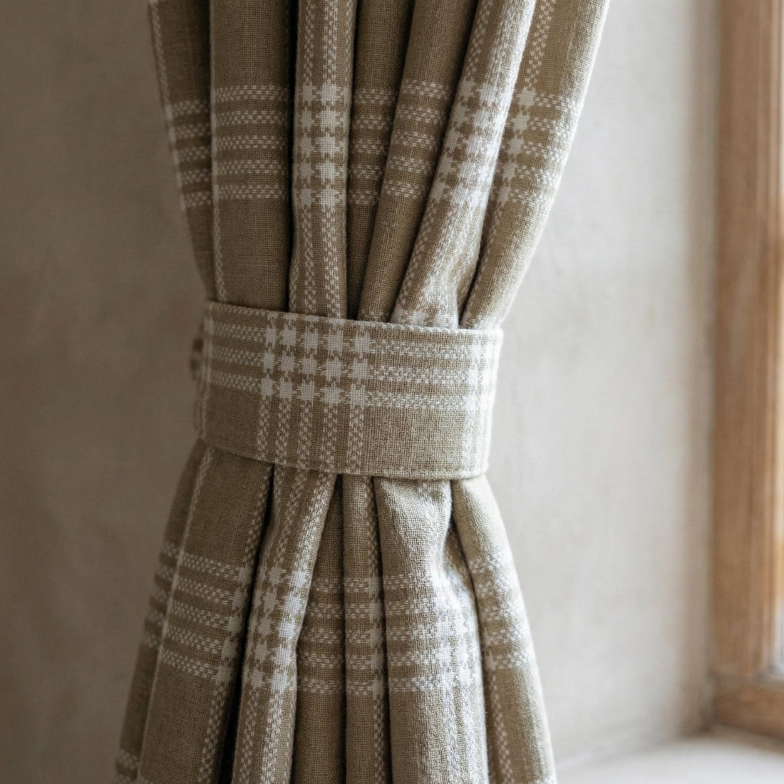 Organic Linen Plaid Curtain, Khaki Ivory Tartan, Farmhouse Style — image 1