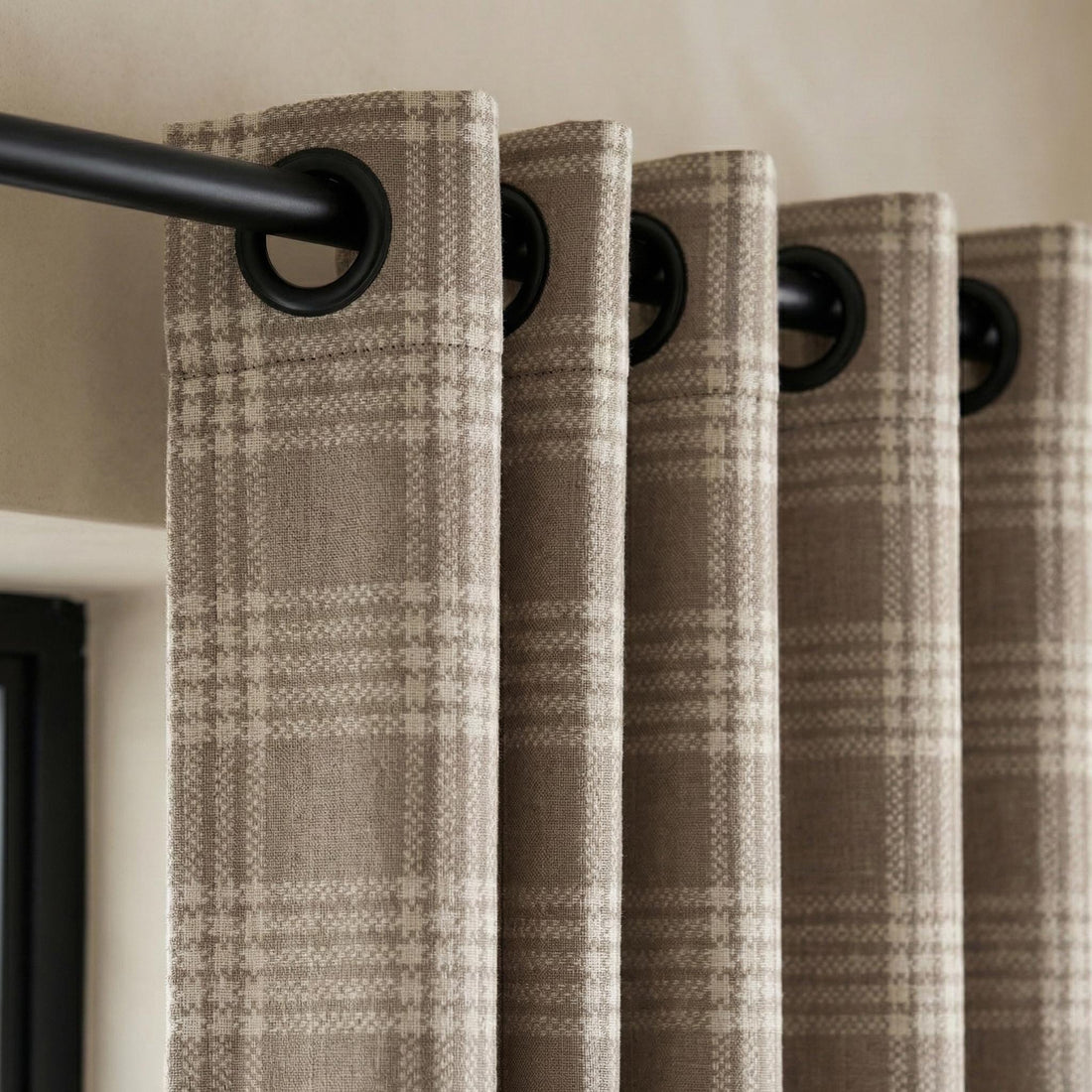 Organic Linen Plaid Curtain Panel, Taupe Farmhouse Style — image 1