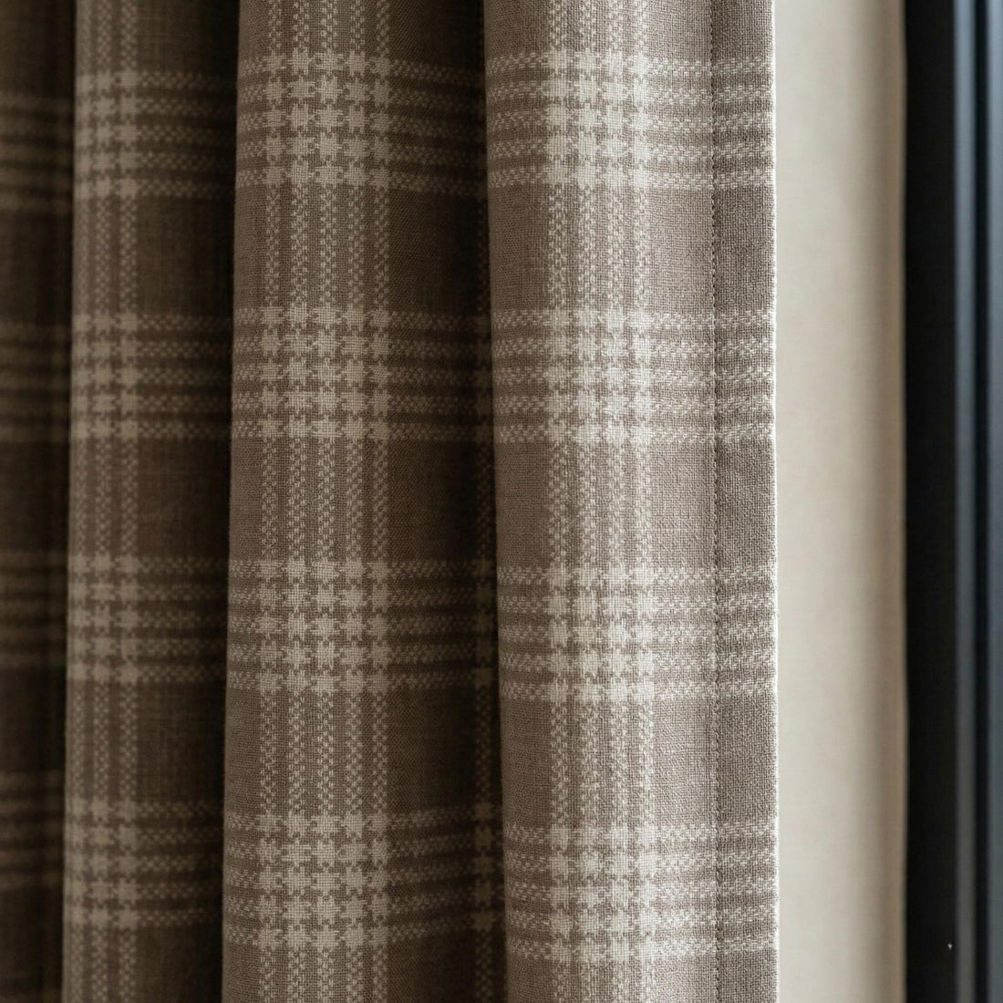 Organic Linen Plaid Curtain Panel, Taupe Farmhouse Style — image 1