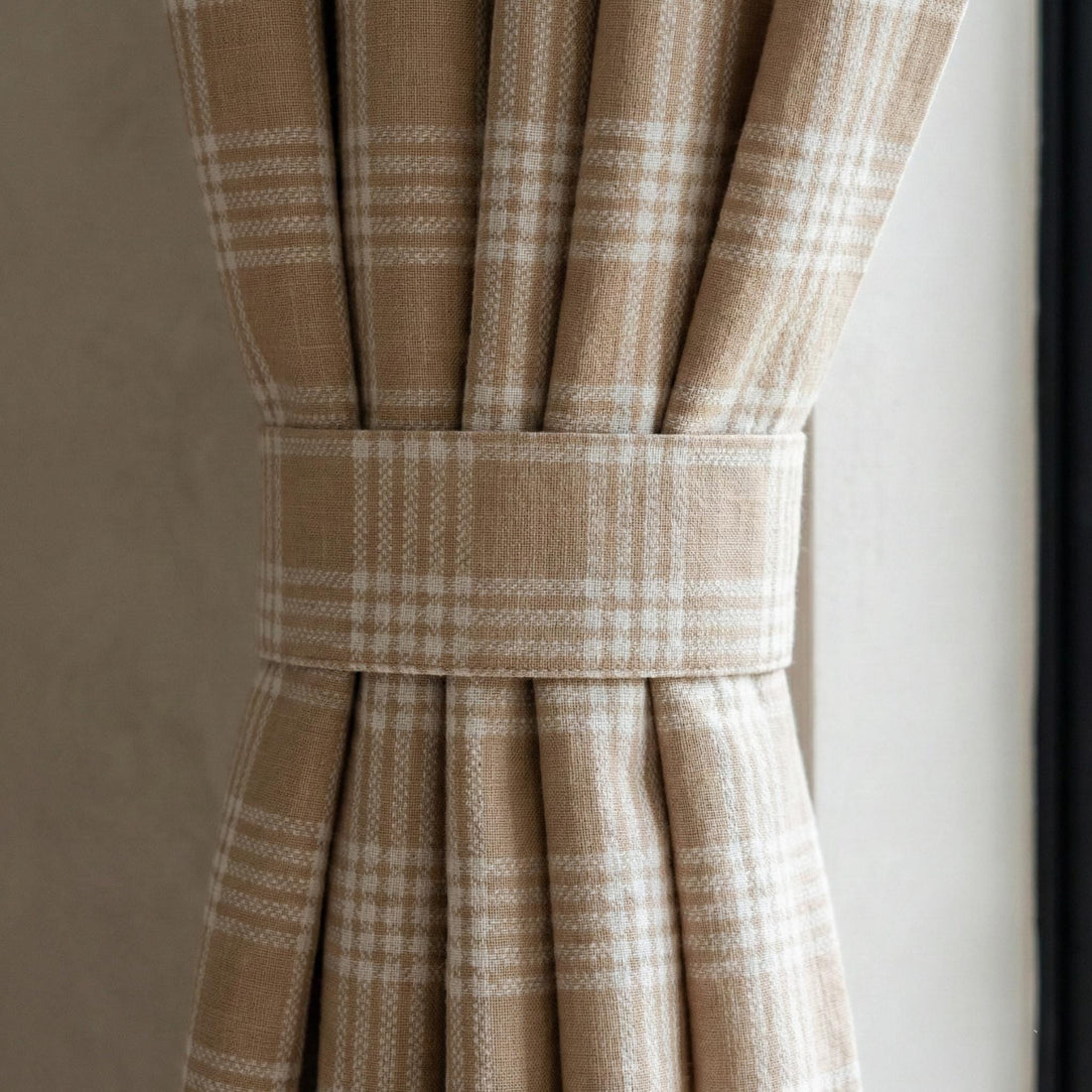 Organic Linen Farmhouse Curtains, Peach Ivory Windowpane Check, Light Filtering or Blackout — image 1