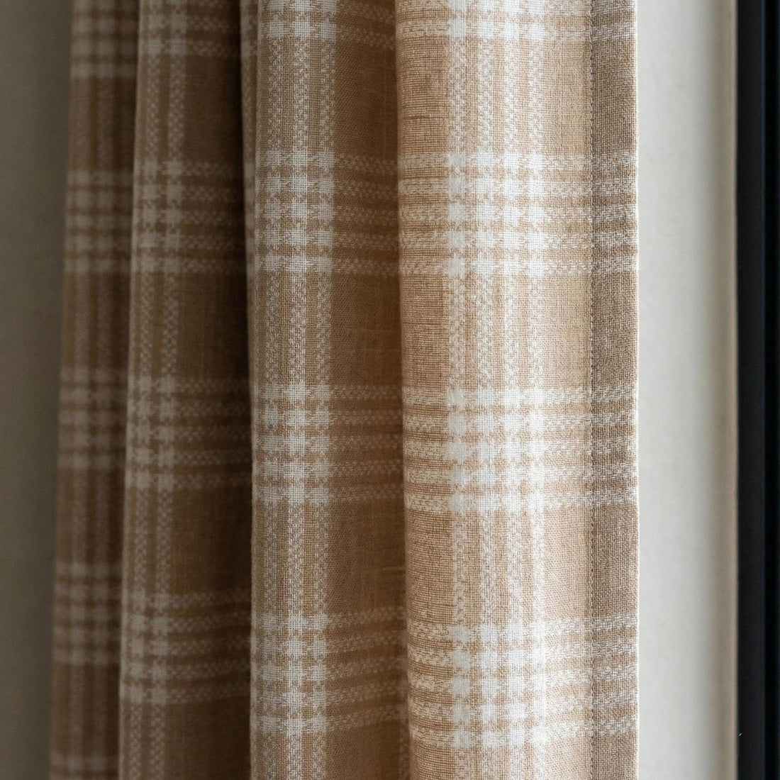 Organic Linen Farmhouse Curtains, Peach Ivory Windowpane Check, Light Filtering or Blackout — image 1