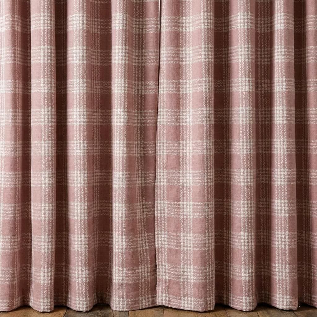 Blush Pink Plaid Linen Curtains, Farmhouse Windowpane Check Panels — image 5