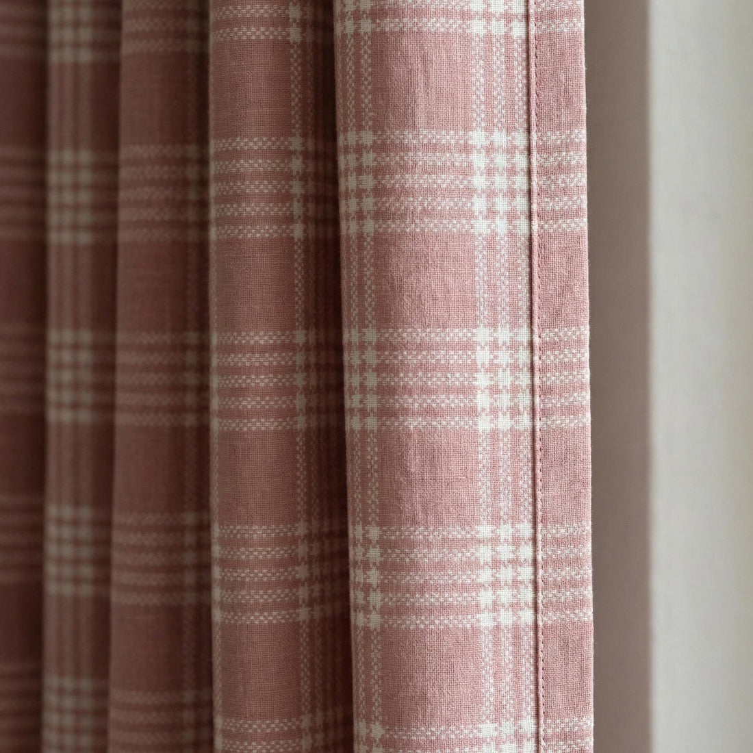 Blush Pink Plaid Linen Curtains, Farmhouse Windowpane Check Panels — image 1