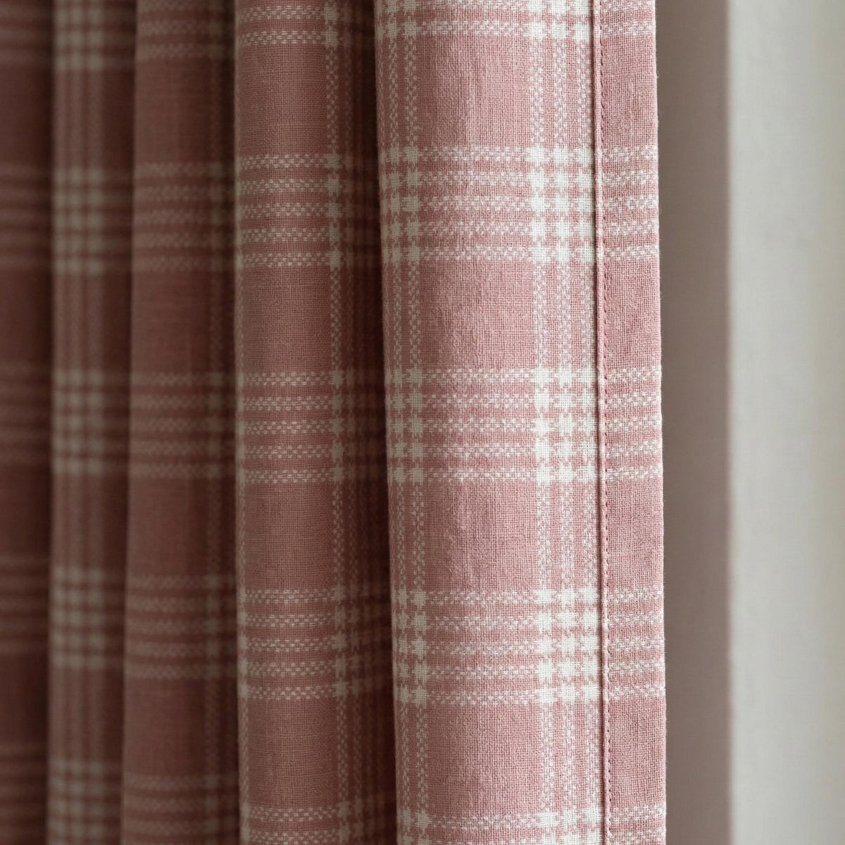 Blush Pink Plaid Linen Curtains, Farmhouse Windowpane Check Panels — image 2