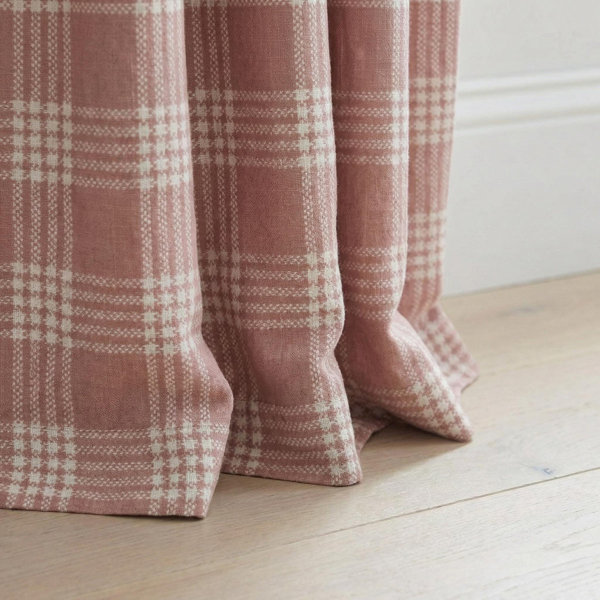 Blush Pink Plaid Linen Curtains, Farmhouse Windowpane Check Panels — image 3