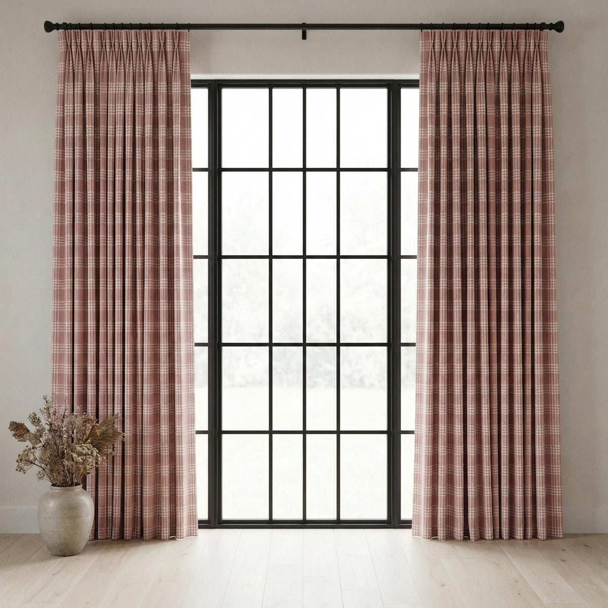 Blush Pink Plaid Linen Curtains, Farmhouse Windowpane Check Panels — image 9