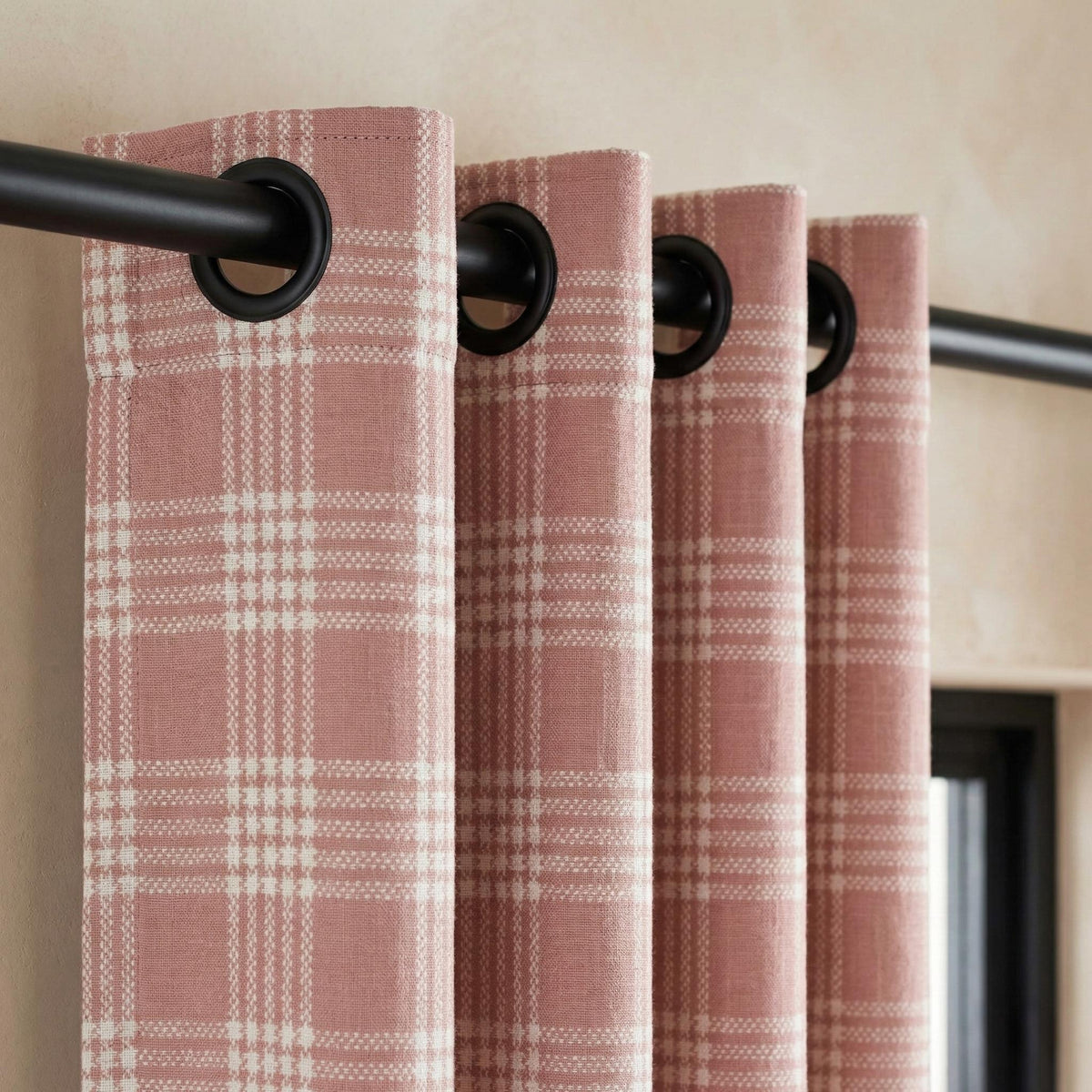Blush Pink Plaid Linen Curtains, Farmhouse Windowpane Check Panels — image 8
