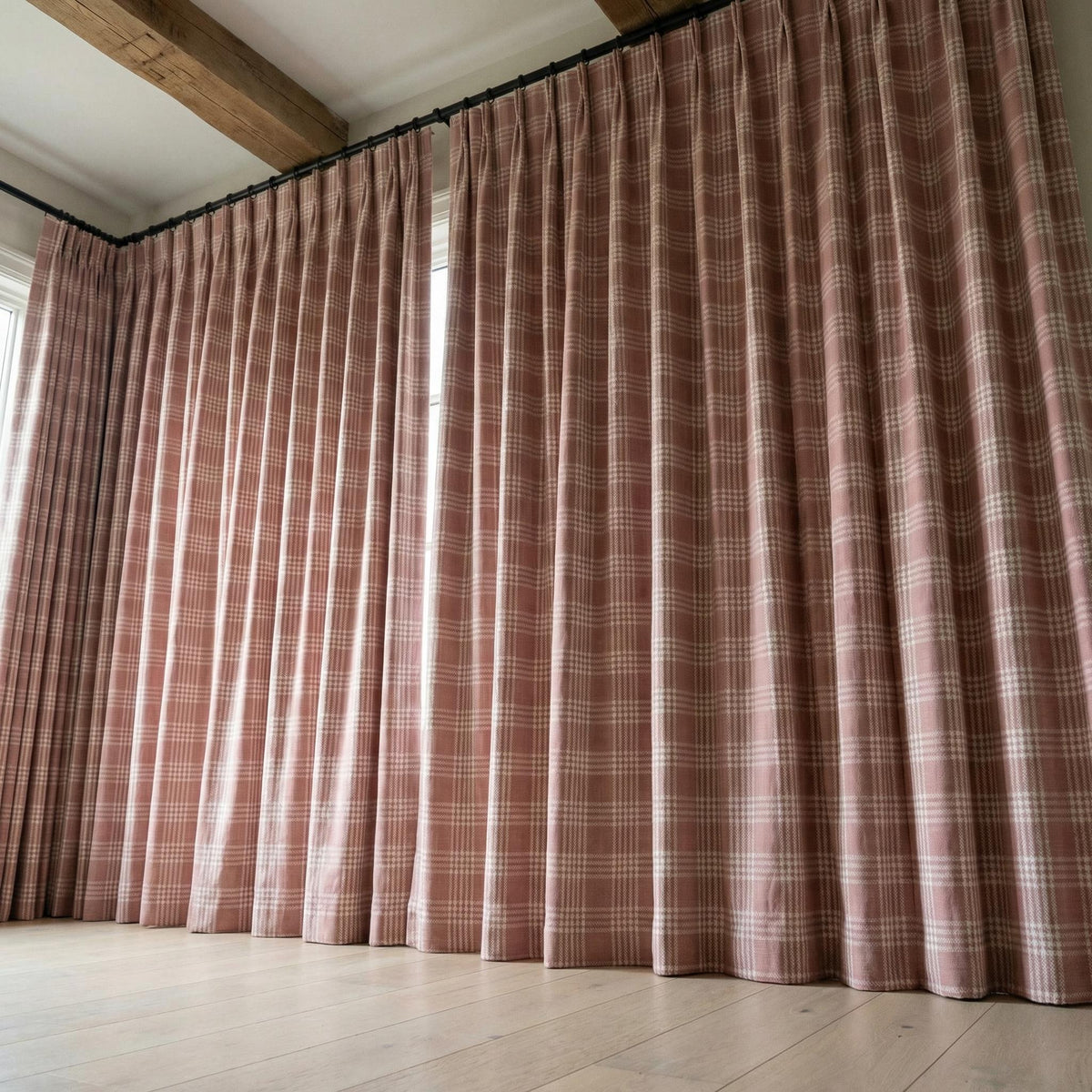 Blush Pink Plaid Linen Curtains, Farmhouse Windowpane Check Panels — image 7