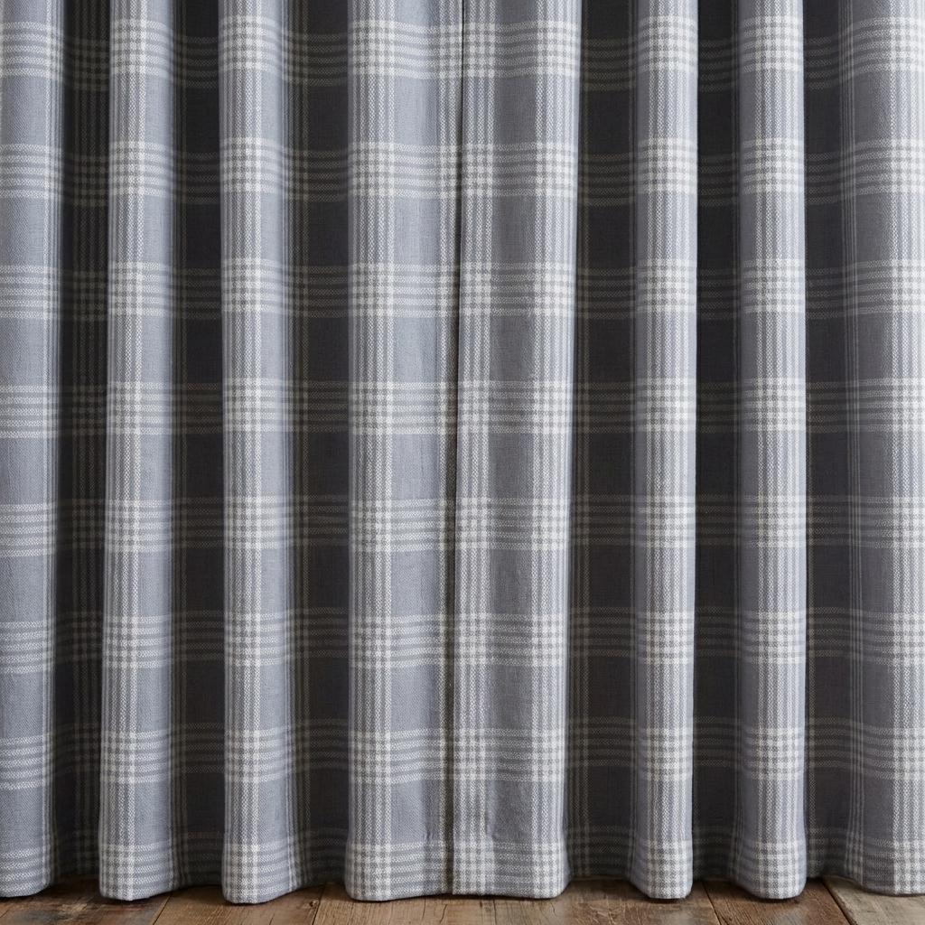 Dusty Blue Plaid Linen Curtain, Ivory Windowpane Check, Custom Size — image 5
