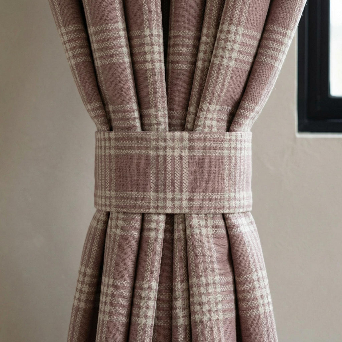 Organic Linen Curtains, Rose Taupe Windowpane Plaid, Farmhouse Style — image 3