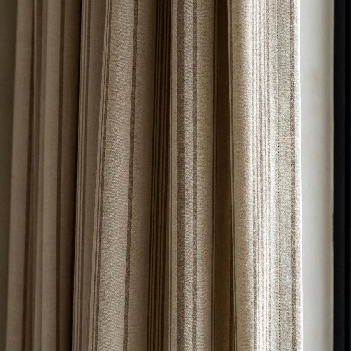 Taupe Stripe Organic Linen Curtains, Natural Ivory Farmhouse Ticking Panels, Cotton Lined or Blackout, Custom Sizes, Any Heading — image 2