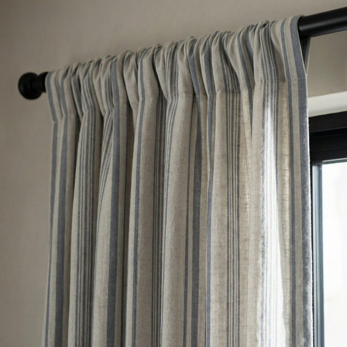 Blue Stripe Organic Linen Curtains, Natural Ivory Ticking Stripe Farmhouse Panels, Cotton Lined or Blackout, Custom Sizes — image 6