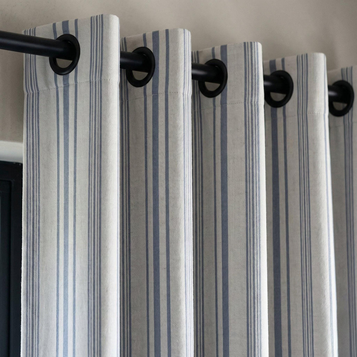 Blue Stripe Organic Linen Curtains, Natural Ivory Ticking Stripe Farmhouse Panels, Cotton Lined or Blackout, Custom Sizes — image 5