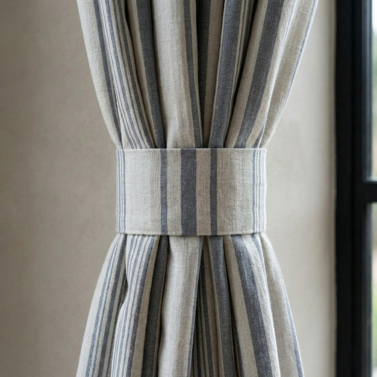 Blue Stripe Organic Linen Curtains, Natural Ivory Ticking Stripe Farmhouse Panels, Cotton Lined or Blackout, Custom Sizes — image 8