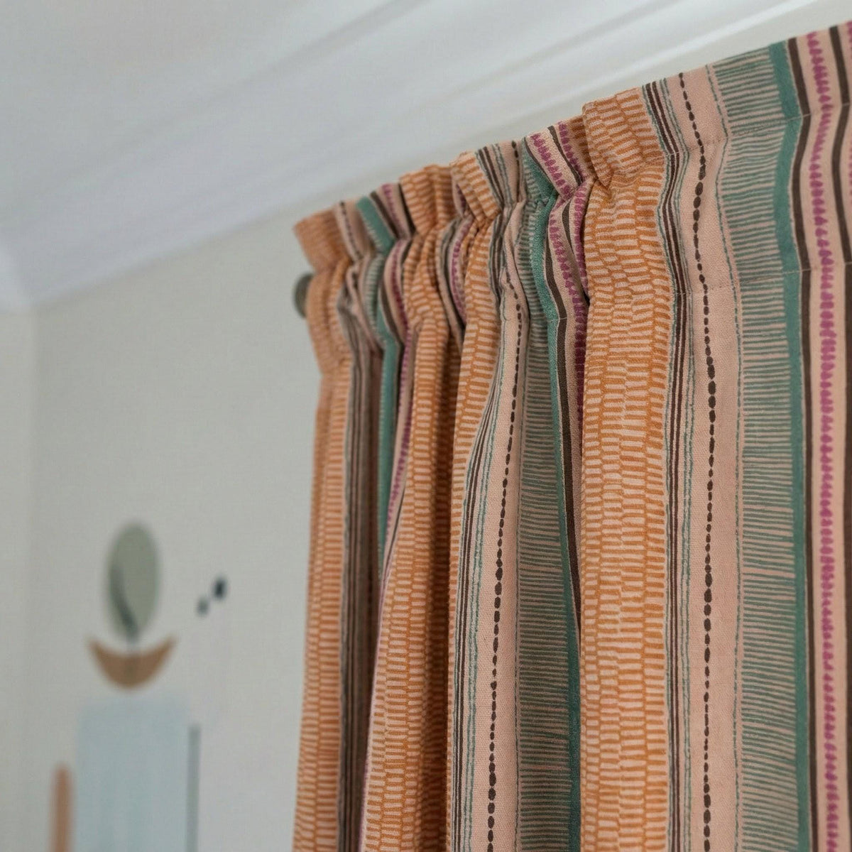 Organic Cotton Kids Curtains - Vertical Stripes in Peach and Teal — image 5