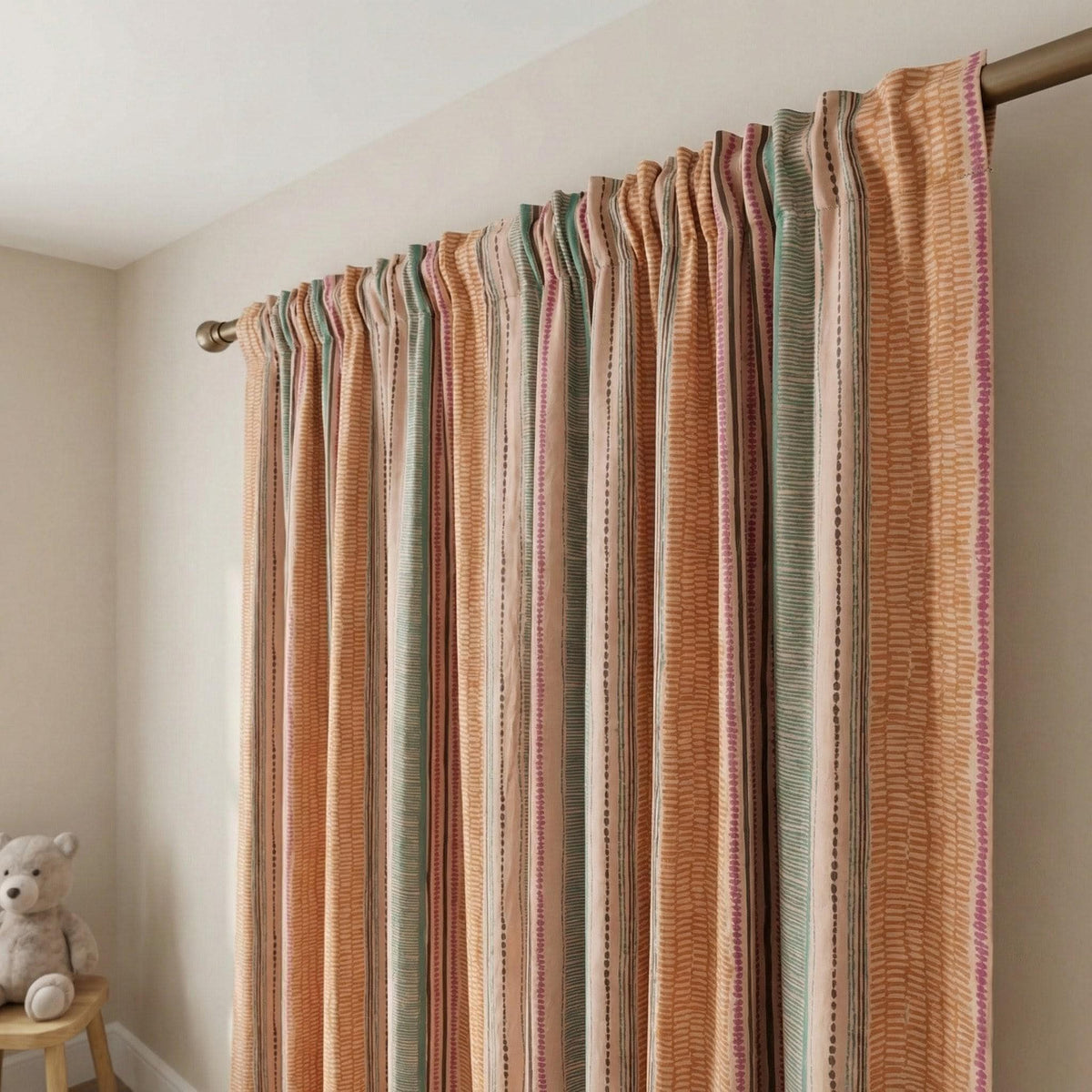Organic Cotton Kids Curtains - Vertical Stripes in Peach and Teal — image 2