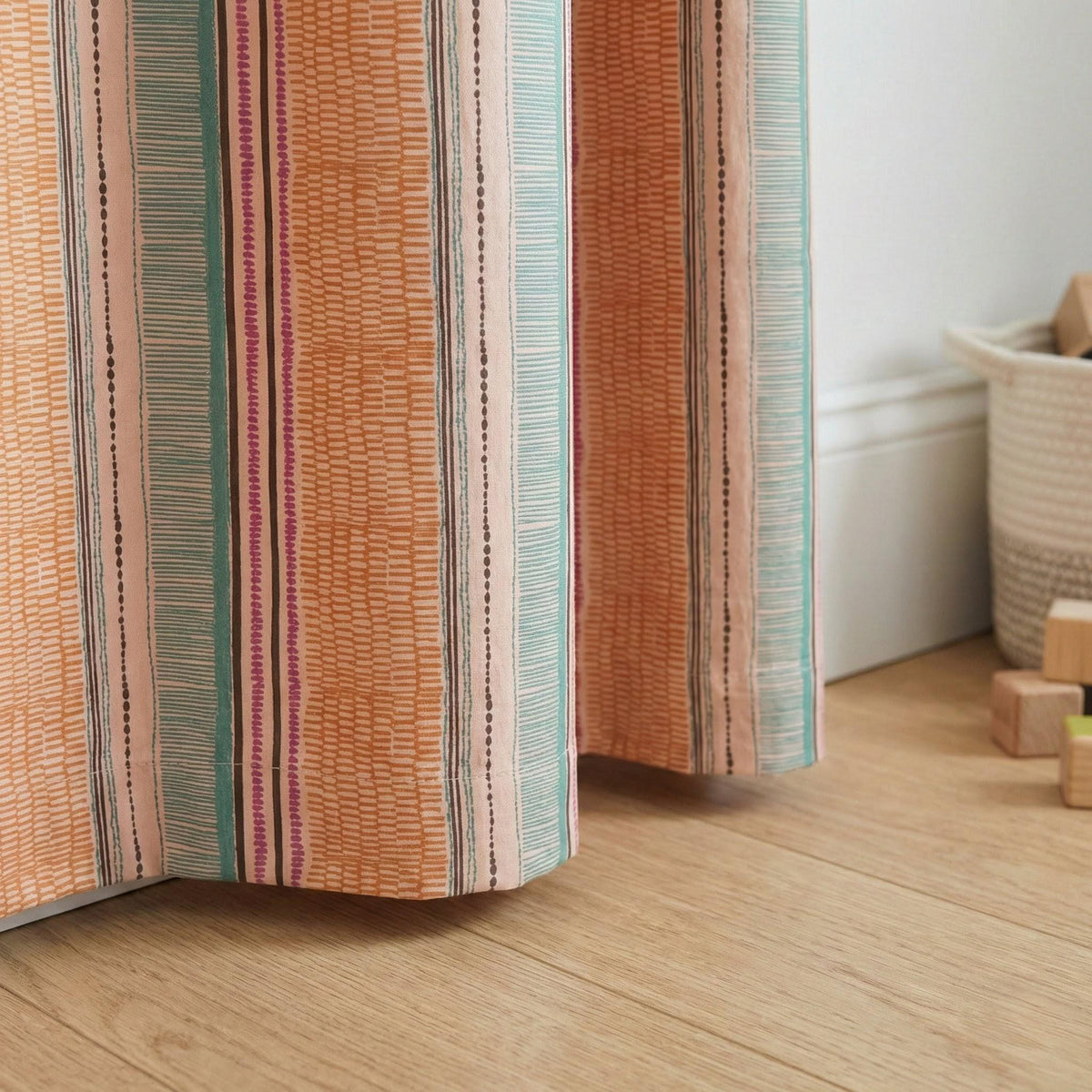 Organic Cotton Kids Curtains - Vertical Stripes in Peach and Teal — image 4