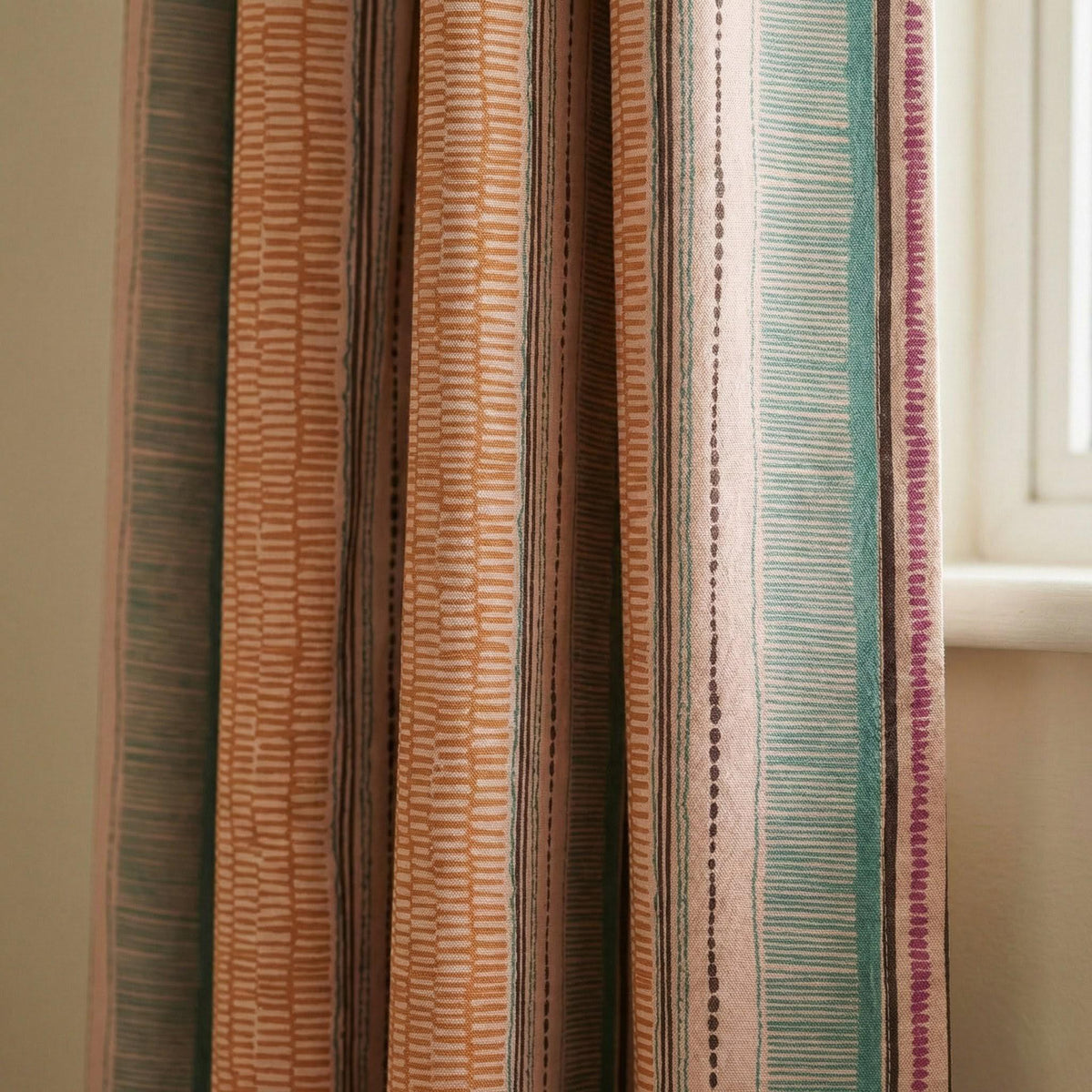 Organic Cotton Kids Curtains - Vertical Stripes in Peach and Teal — image 3