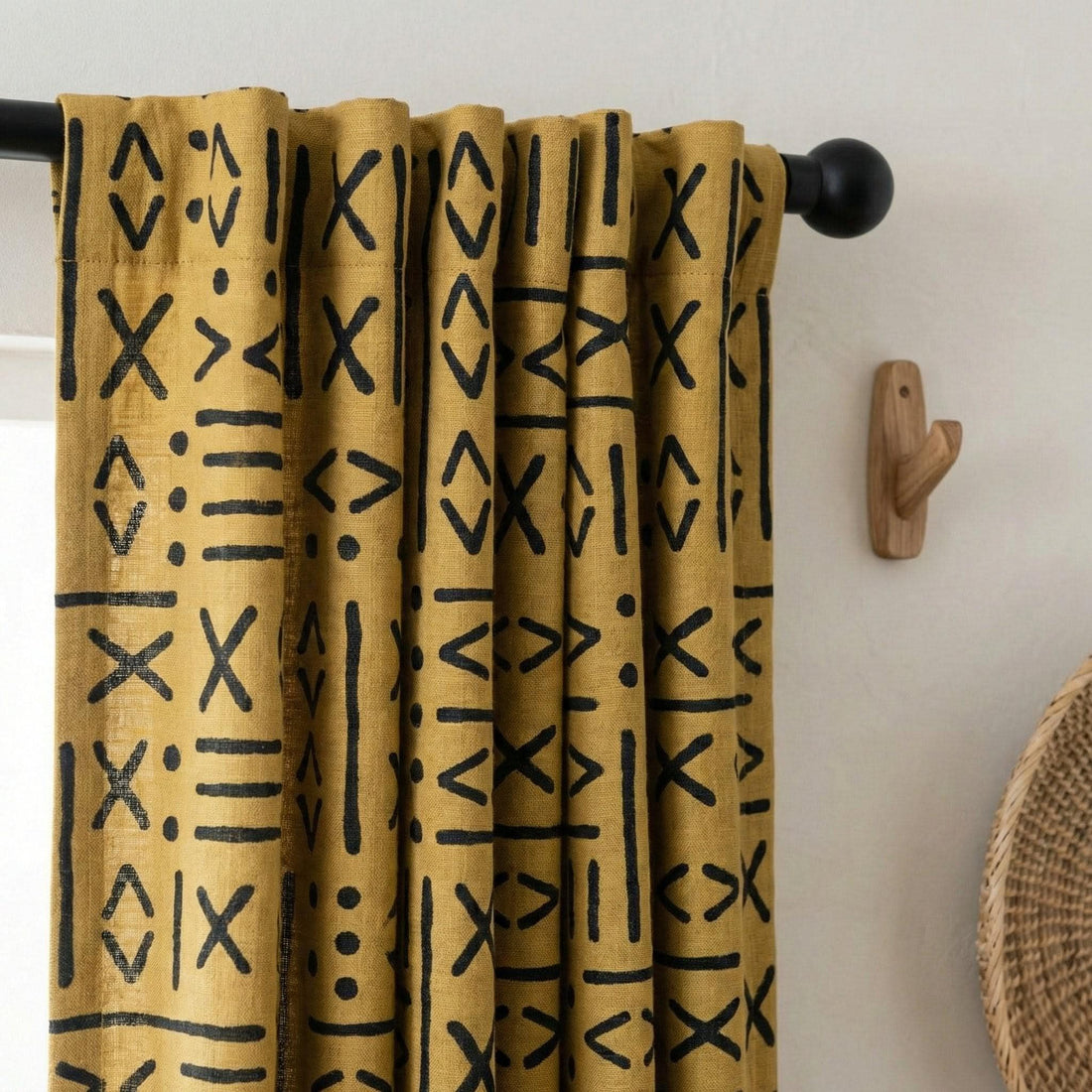 Mustard Linen Curtains, Black Tribal Print, Custom Size — image 1